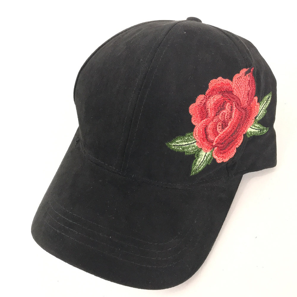 Large side of hat Red Rose embroidery on black cap